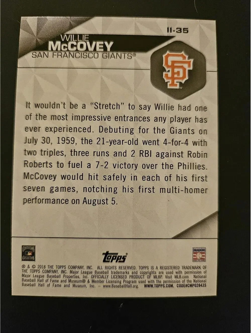 2018 Topps Instant Impact Blue #II35- Willie McCovey - San Fran Giants -RAW Mint - Picture 2 of 2